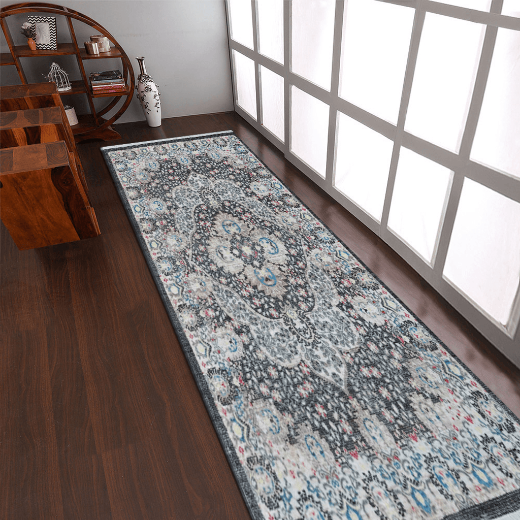 Rugsotic machine woven oriental runner rug in elegant beige and black polyester, 2'6'' by 9'10'' — view 3