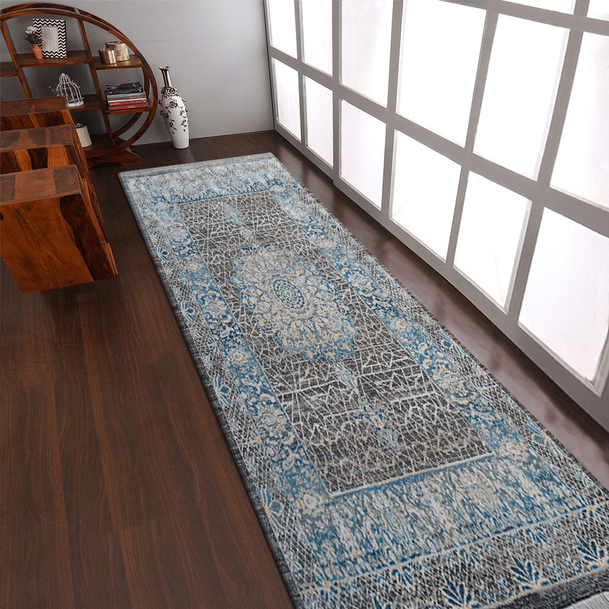 Rugsotic machine woven oriental runner rug in elegant beige and black polyester, 2'6'' by 9'10'' — view 5