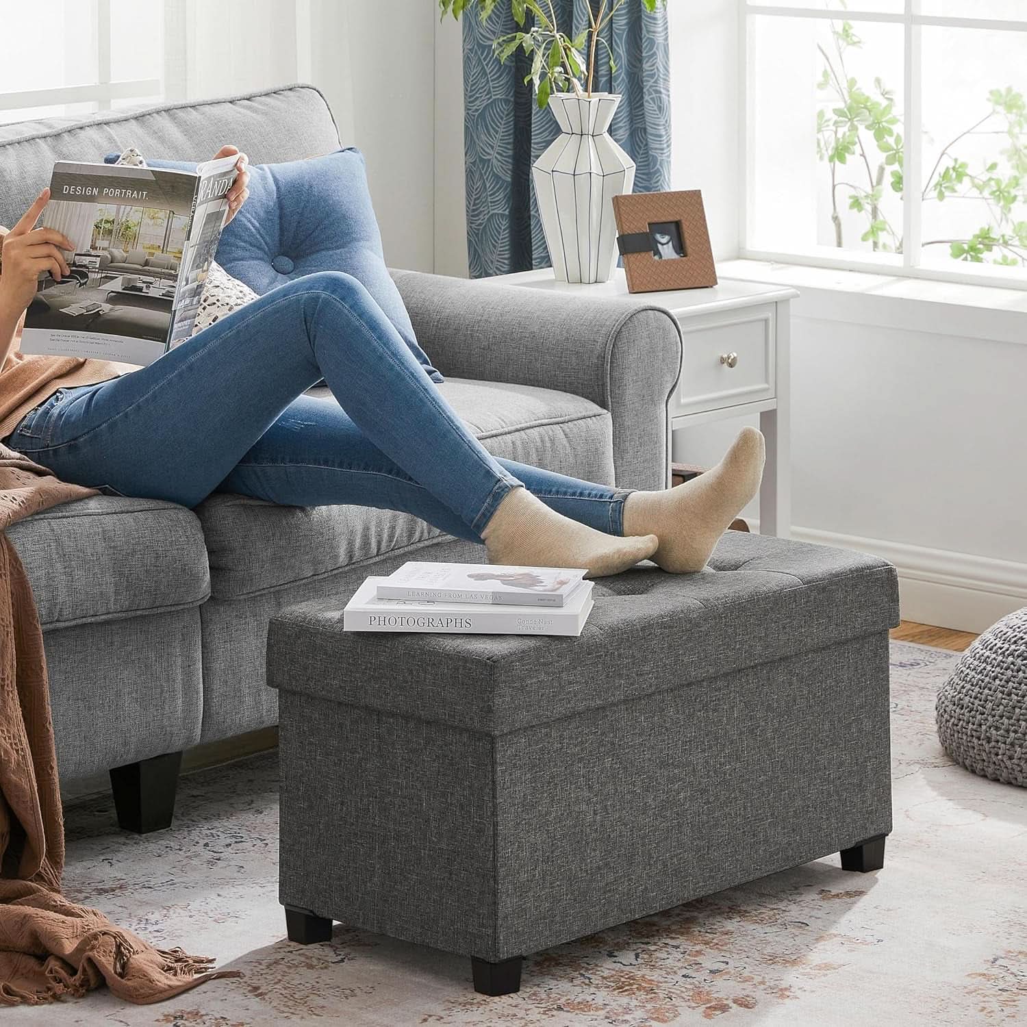 Slate gray storage ottoman bench in linen-look fabric with open lid showing hidden storage — view 4