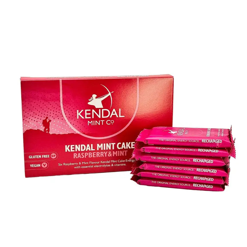 Raspberry and mint Kendal Mint Cake pocket energy bar with three breakable block sections — view 3