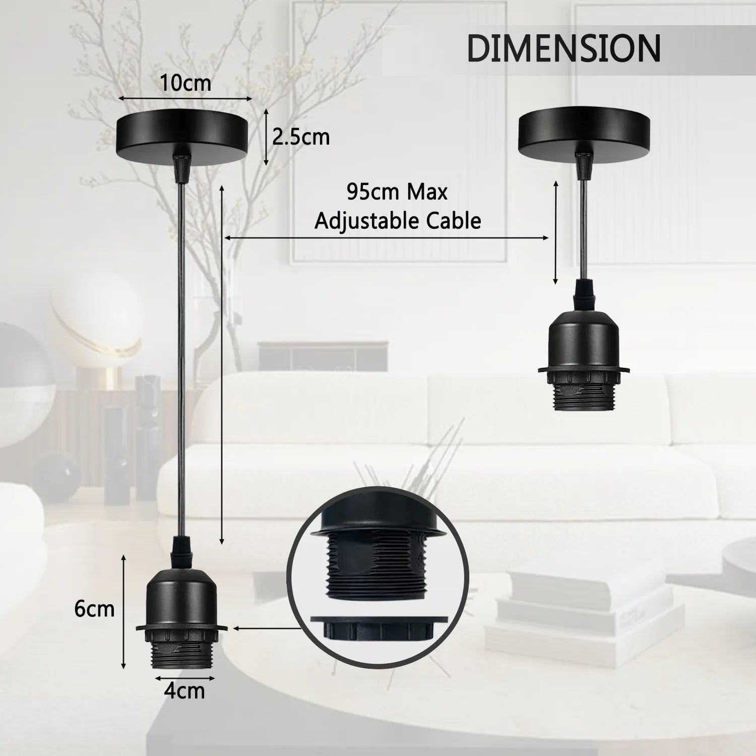 Rose gold pendant light ceiling fixture with vintage lamp holder and adjustable black PVC hanging cable. — view 2