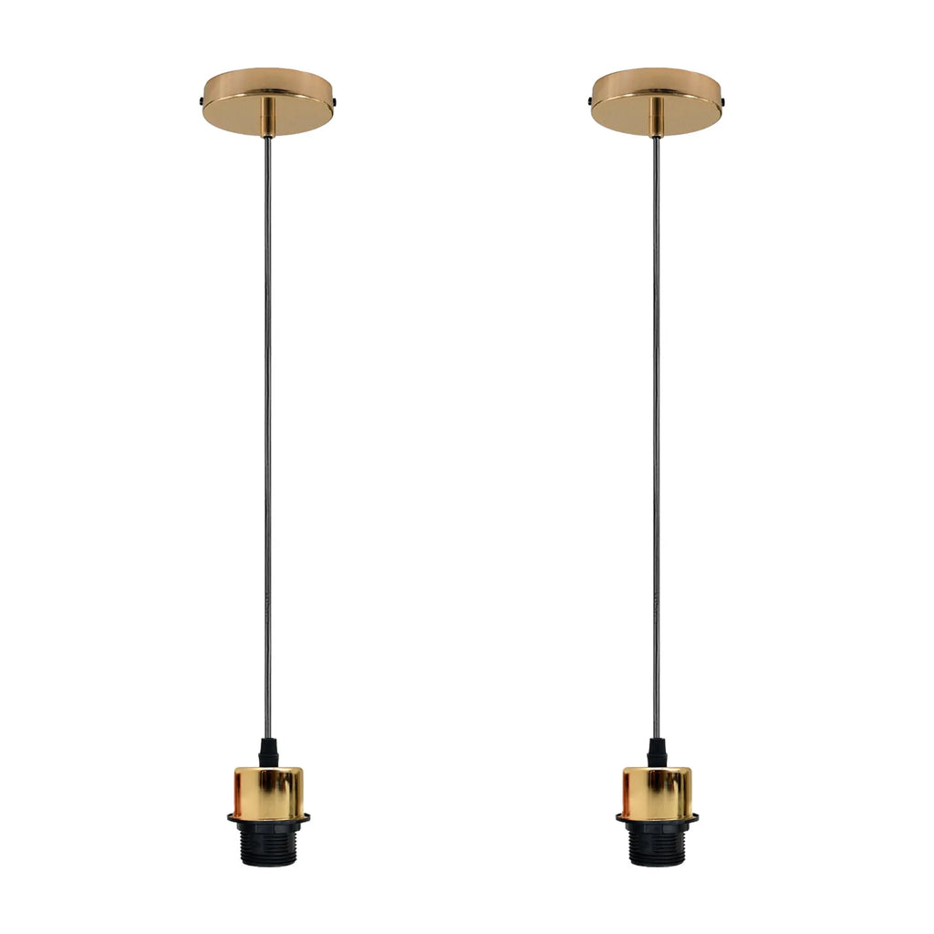 Two French gold vintage pendant light holders with adjustable cables and matching ceiling roses. — view 3