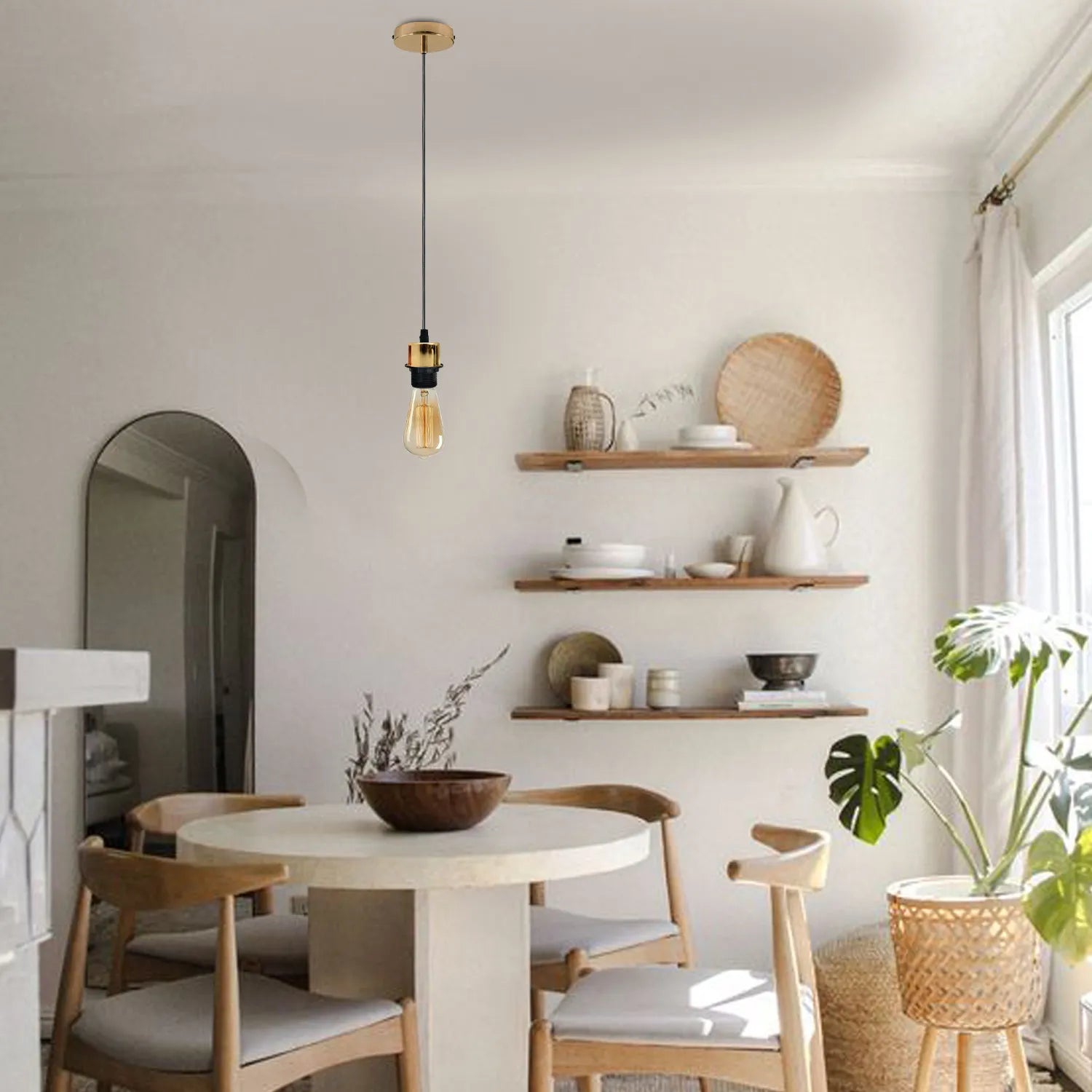 Two French gold vintage pendant light holders with adjustable cables and matching ceiling roses.