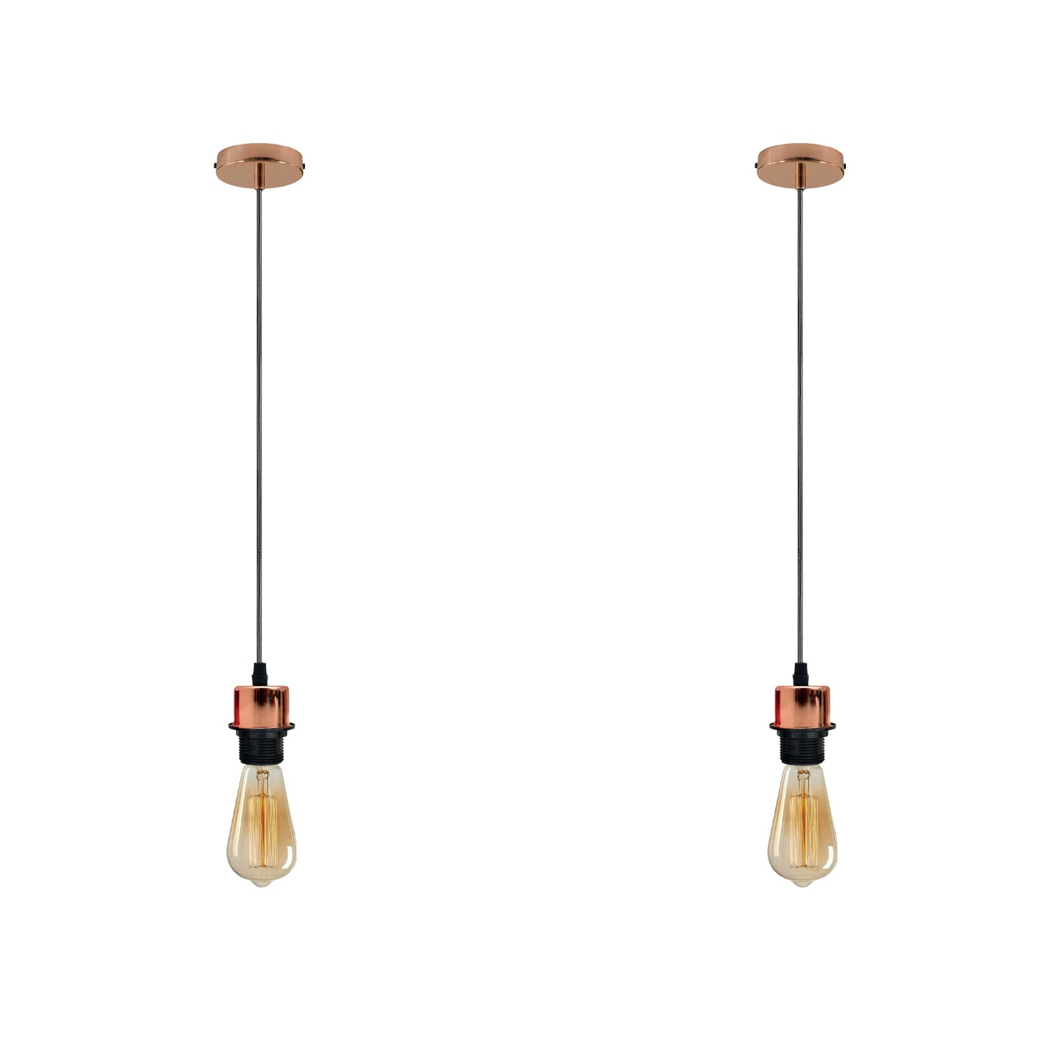 Rose gold pendant light two pack with adjustable PVC cables and metallic E27 bulb holders