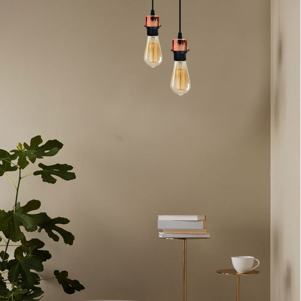 Rose gold pendant light two pack with adjustable PVC cables and metallic E27 bulb holders — view 5