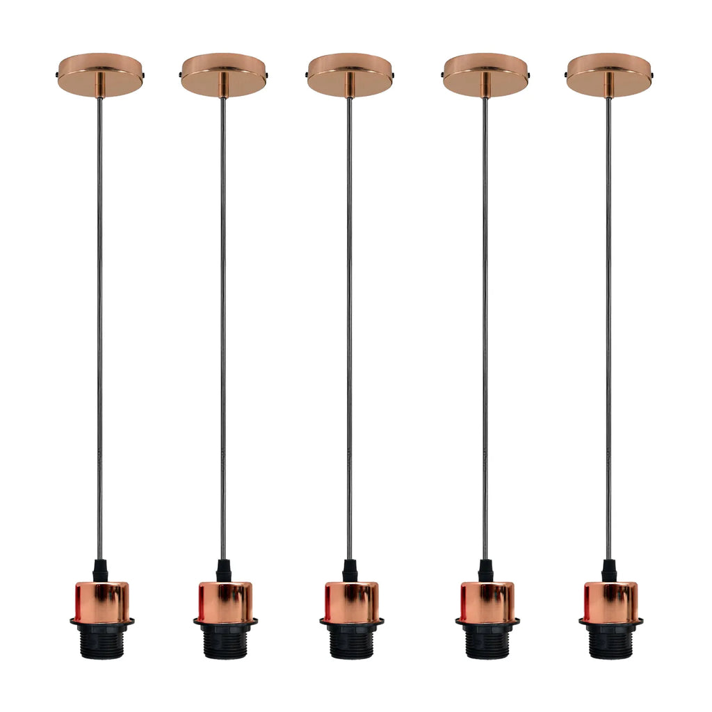 Five pack of rose gold pendant light holders with adjustable black cables and ceiling roses