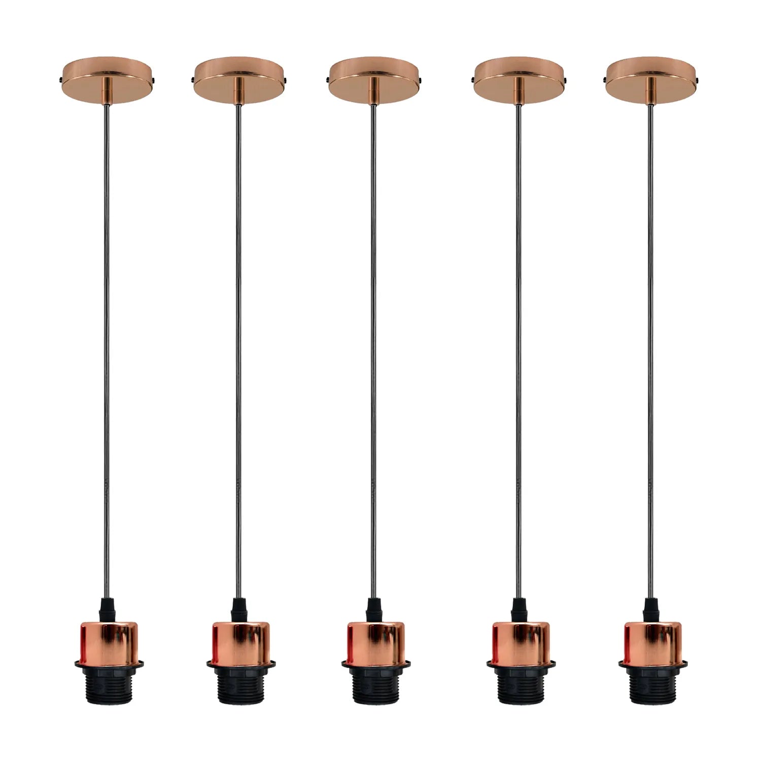 Five pack of rose gold pendant light holders with adjustable black cables and ceiling roses