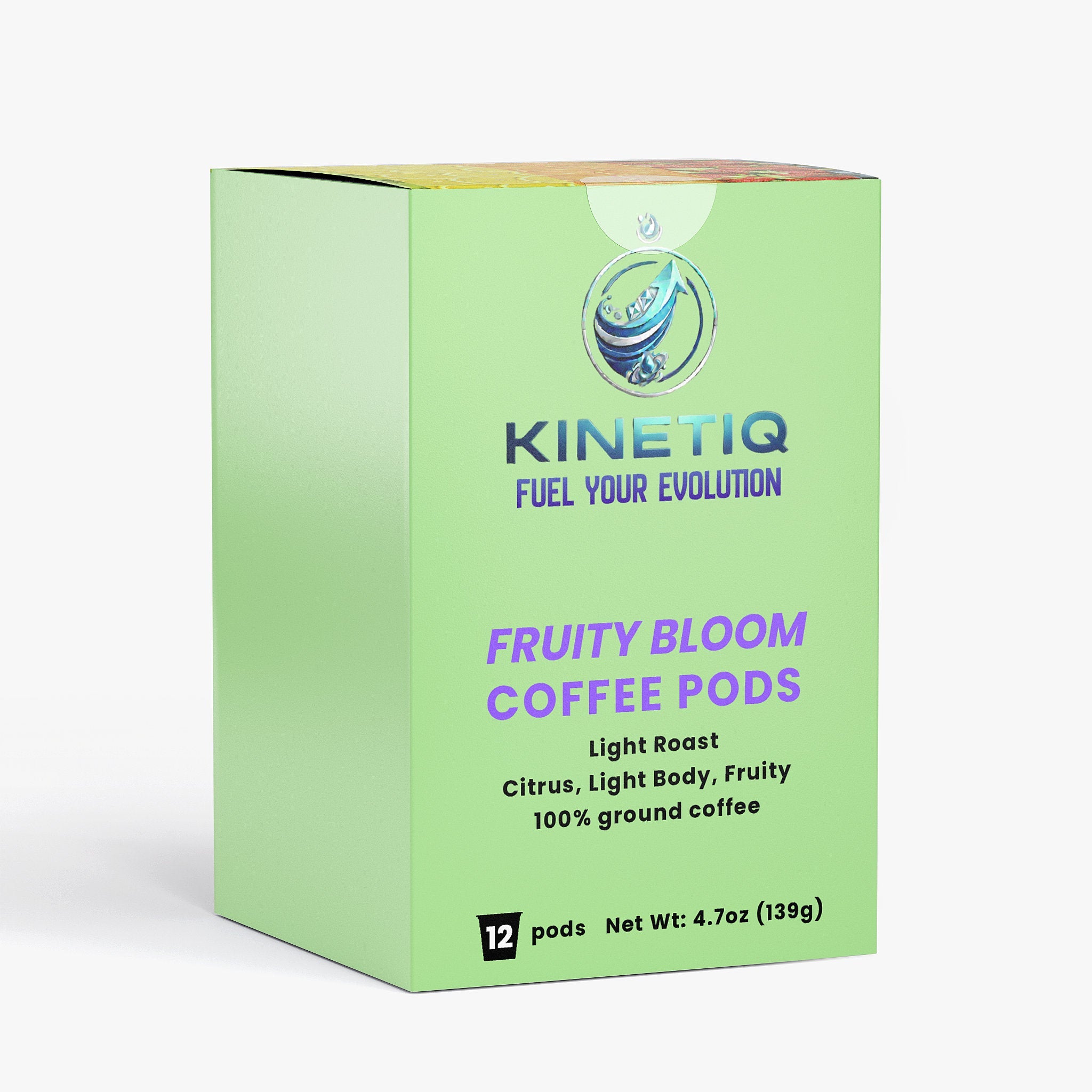 Fruity Bloom light roast coffee pods in a 12 pack box for single serve brewing