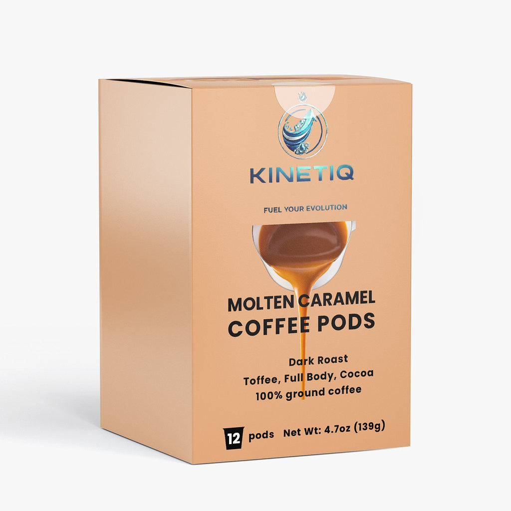 Box of twelve Molten Caramel dark roast single serve coffee pods with cocoa notes