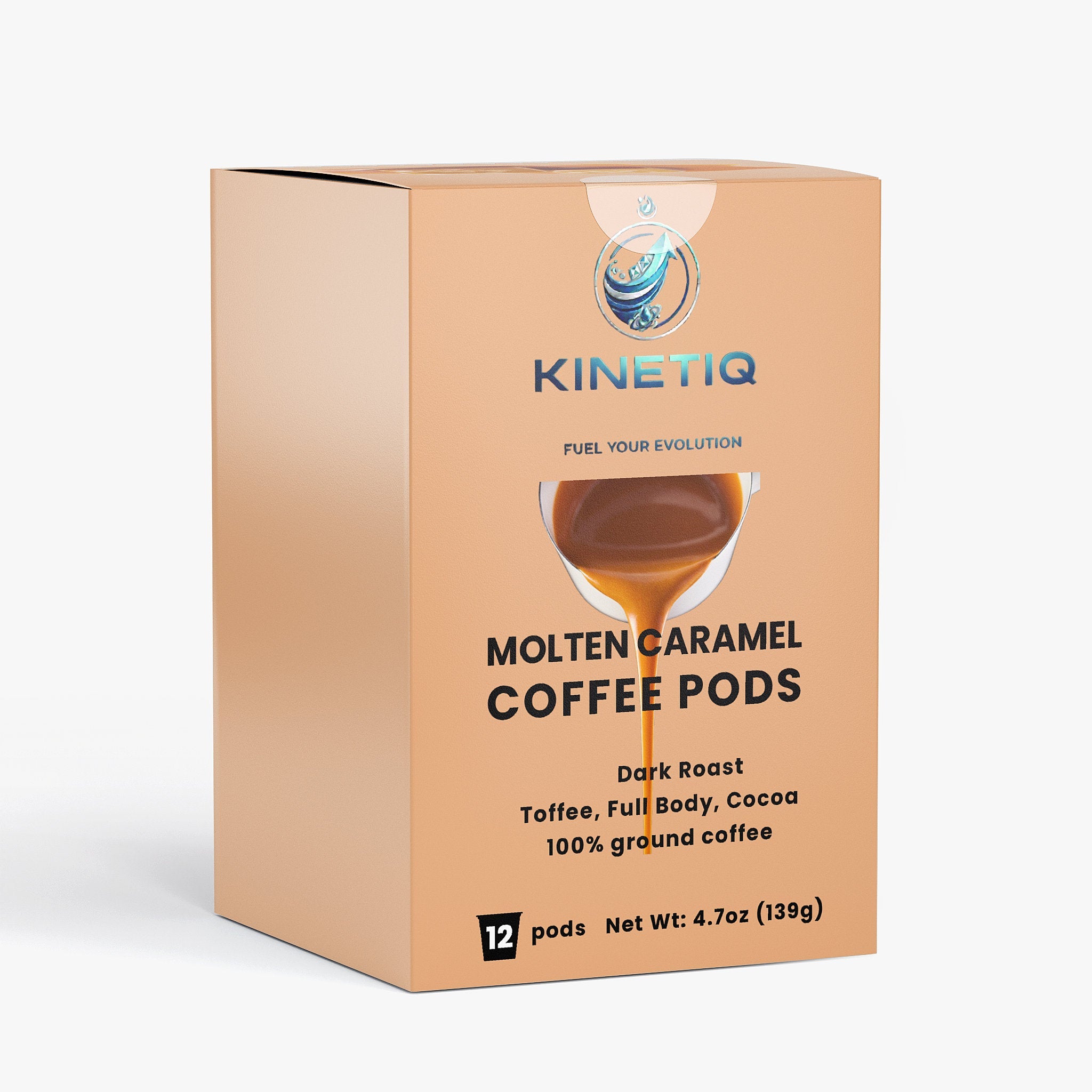 Box of twelve Molten Caramel dark roast single serve coffee pods with cocoa notes