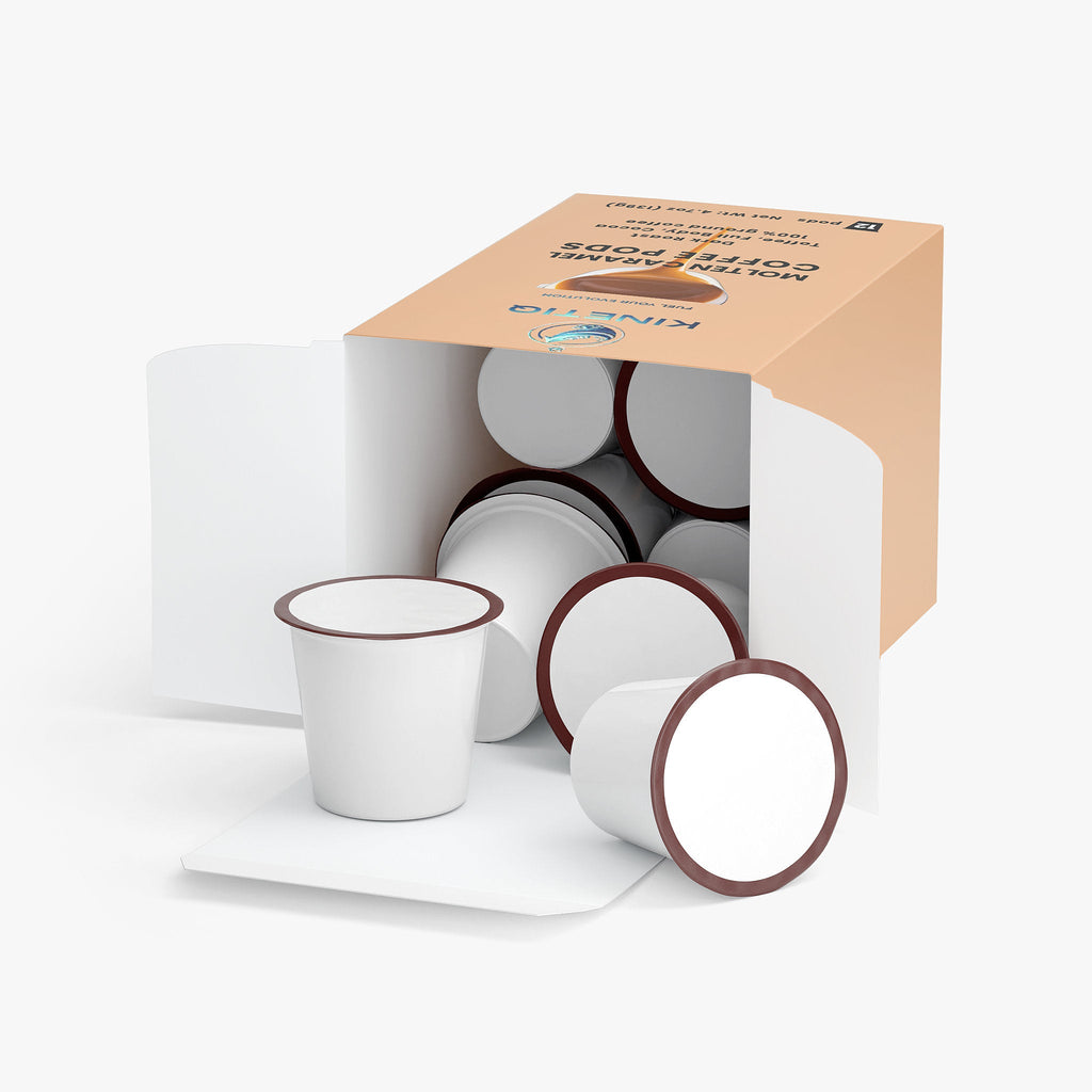 Box of twelve Molten Caramel dark roast single serve coffee pods with cocoa notes — view 3