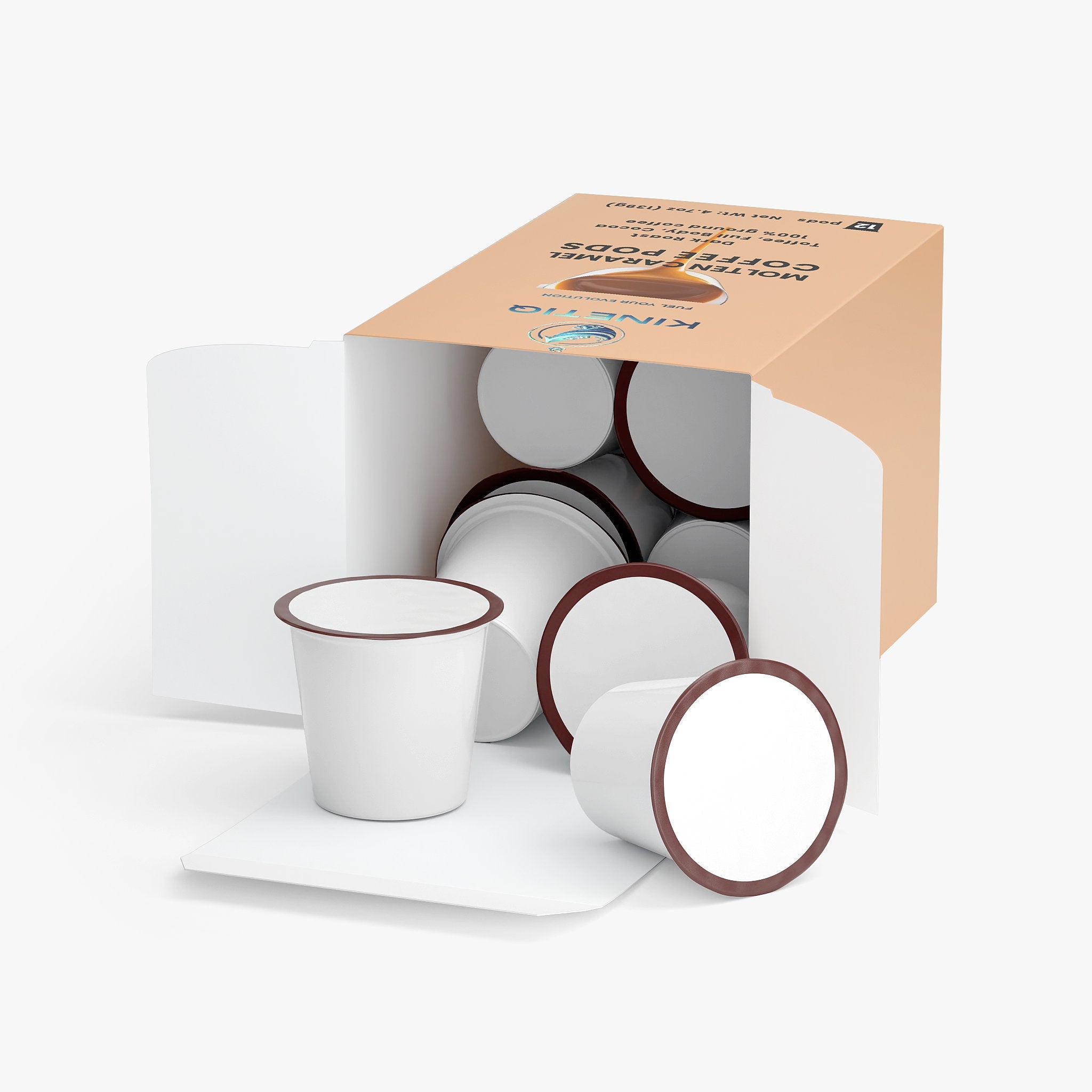 Box of twelve Molten Caramel dark roast single serve coffee pods with cocoa notes — view 3