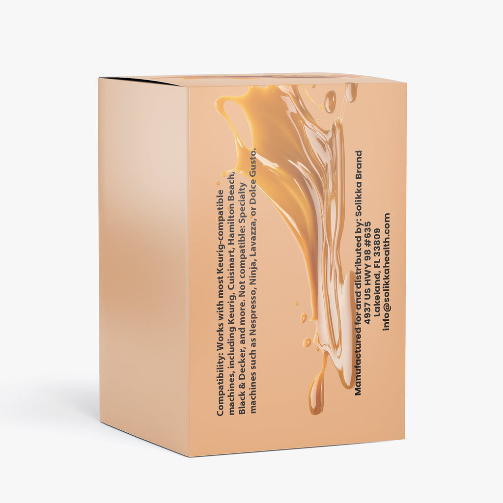 Box of twelve Molten Caramel dark roast single serve coffee pods with cocoa notes — view 5