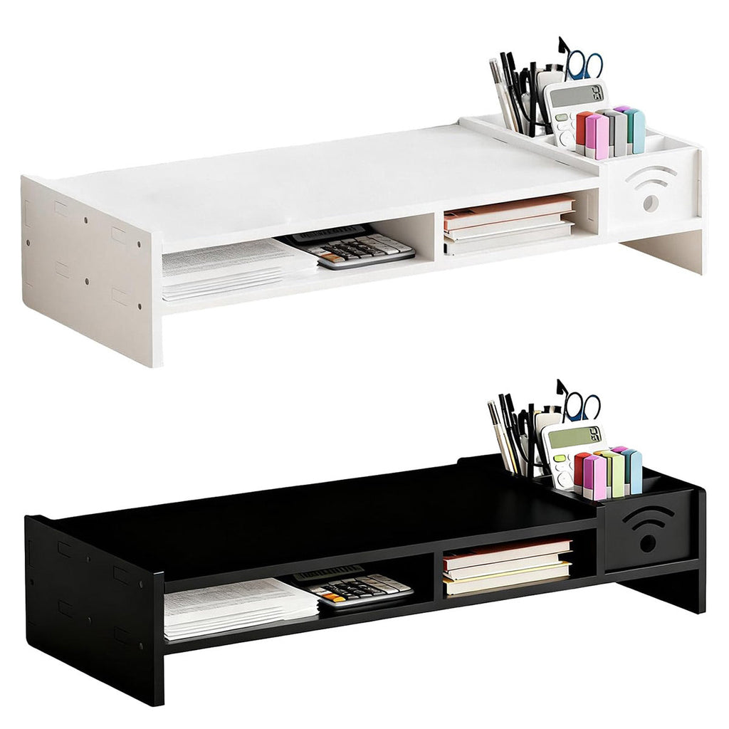 Multi-function computer monitor riser stand with side caddy and open storage shelf on a desk — view 2