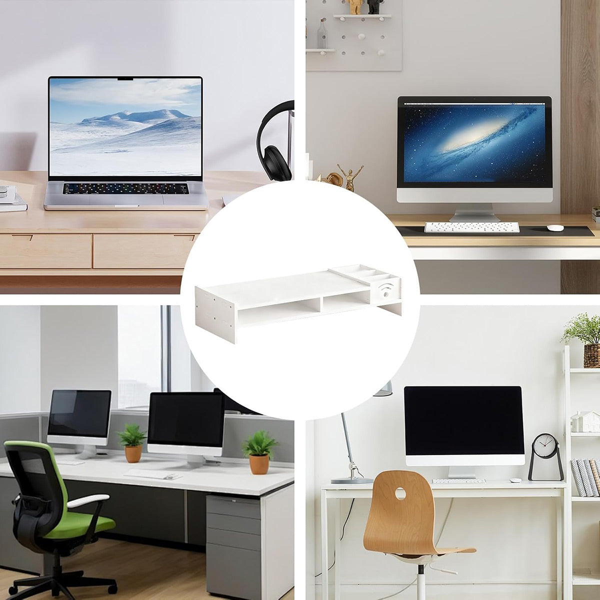 Multi-function computer monitor riser stand with side caddy and open storage shelf on a desk — view 4