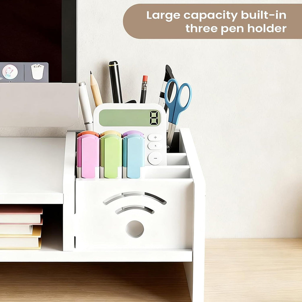 Multi-function computer monitor riser stand with side caddy and open storage shelf on a desk — view 5
