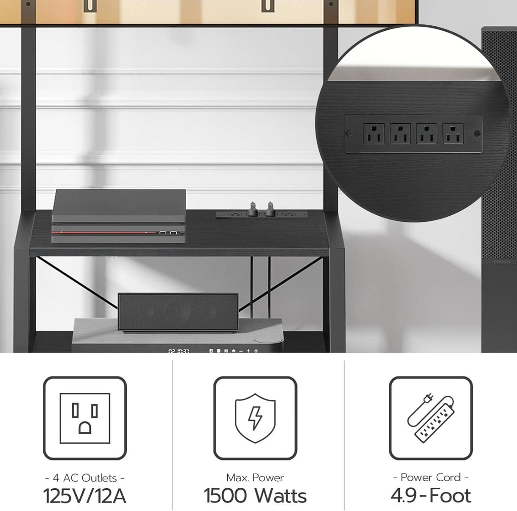 Black rolling TV stand with adjustable mounting rail, three storage shelves, and lockable caster wheels — view 4