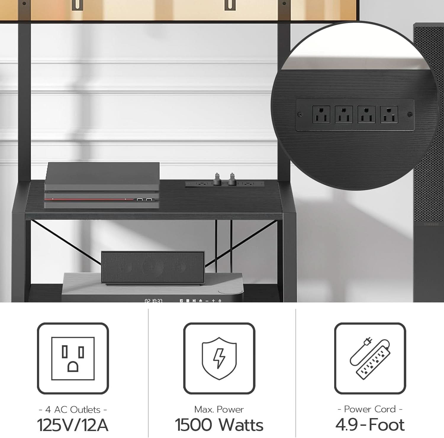 Black rolling TV stand with adjustable mounting rail, three storage shelves, and lockable caster wheels — view 4