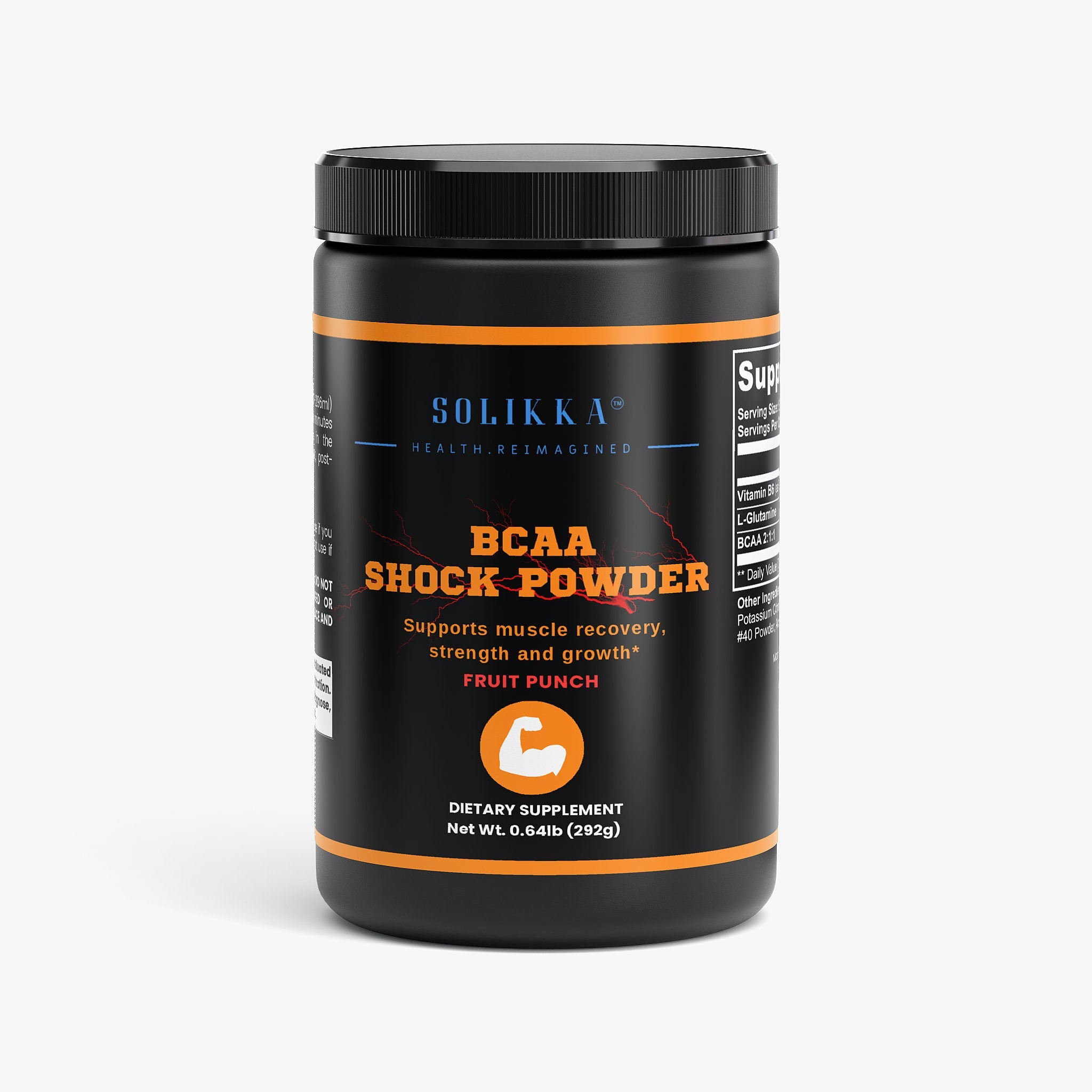 BCAA shock powder fruit punch supplement container by Solikka for workout recovery and muscle support