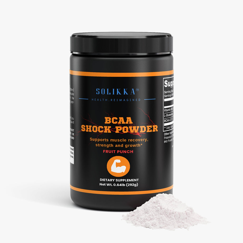 BCAA shock powder fruit punch supplement container by Solikka for workout recovery and muscle support — view 2