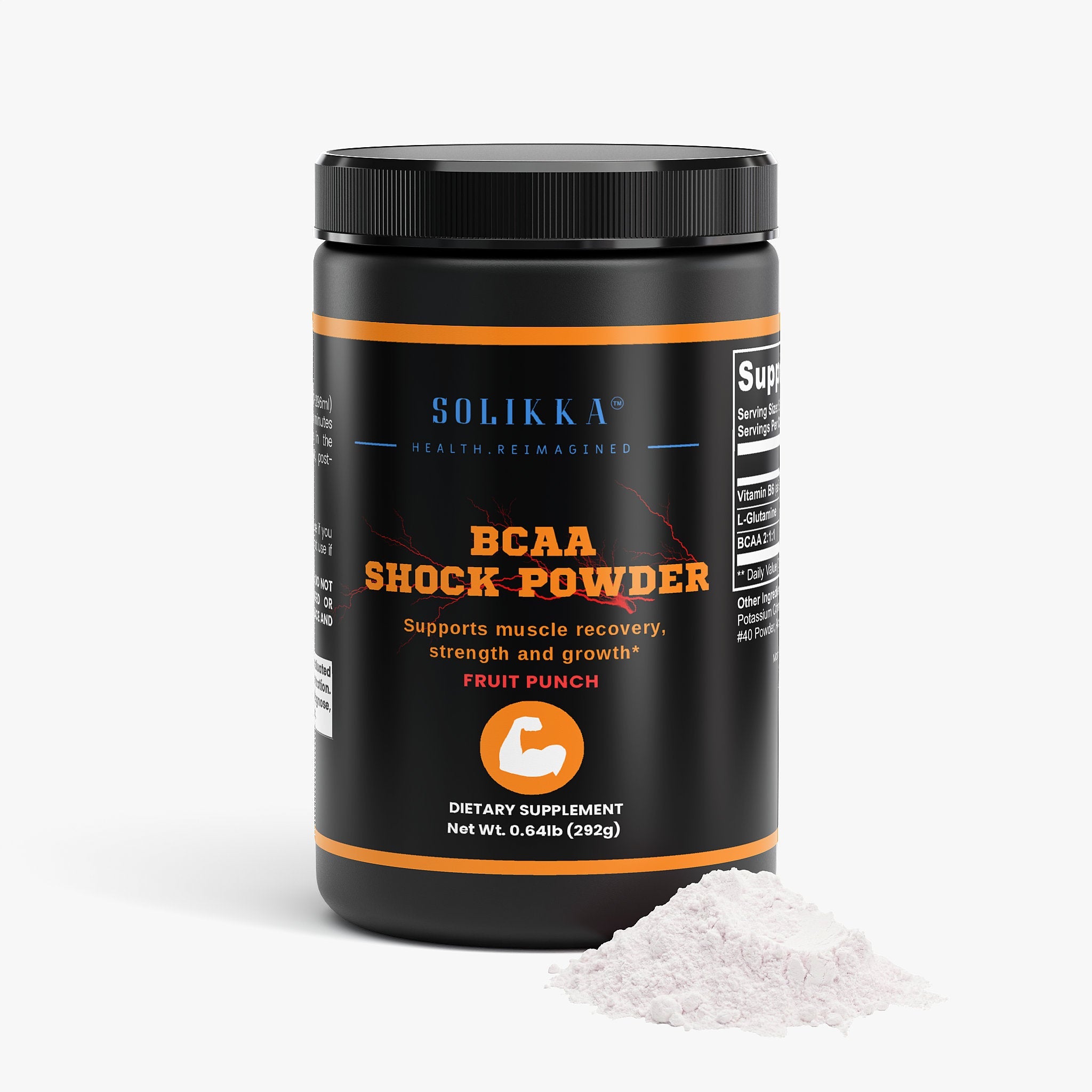 BCAA shock powder fruit punch supplement container by Solikka for workout recovery and muscle support — view 2
