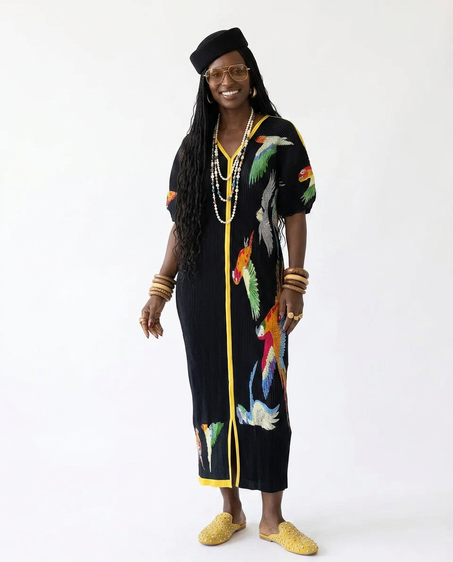 Spirited Pleated Bird Print Kaftan Dress-0