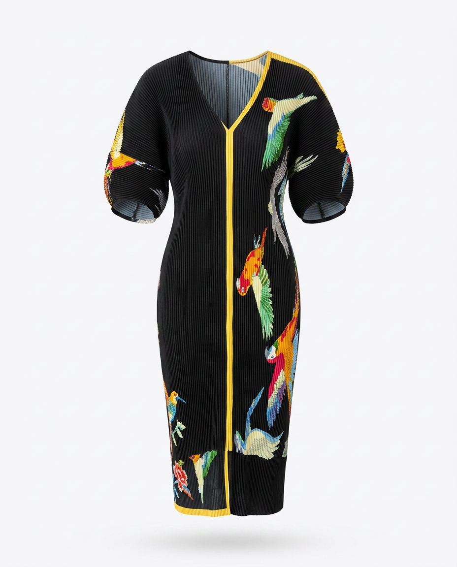 Spirited Pleated Bird Print Kaftan Dress-2