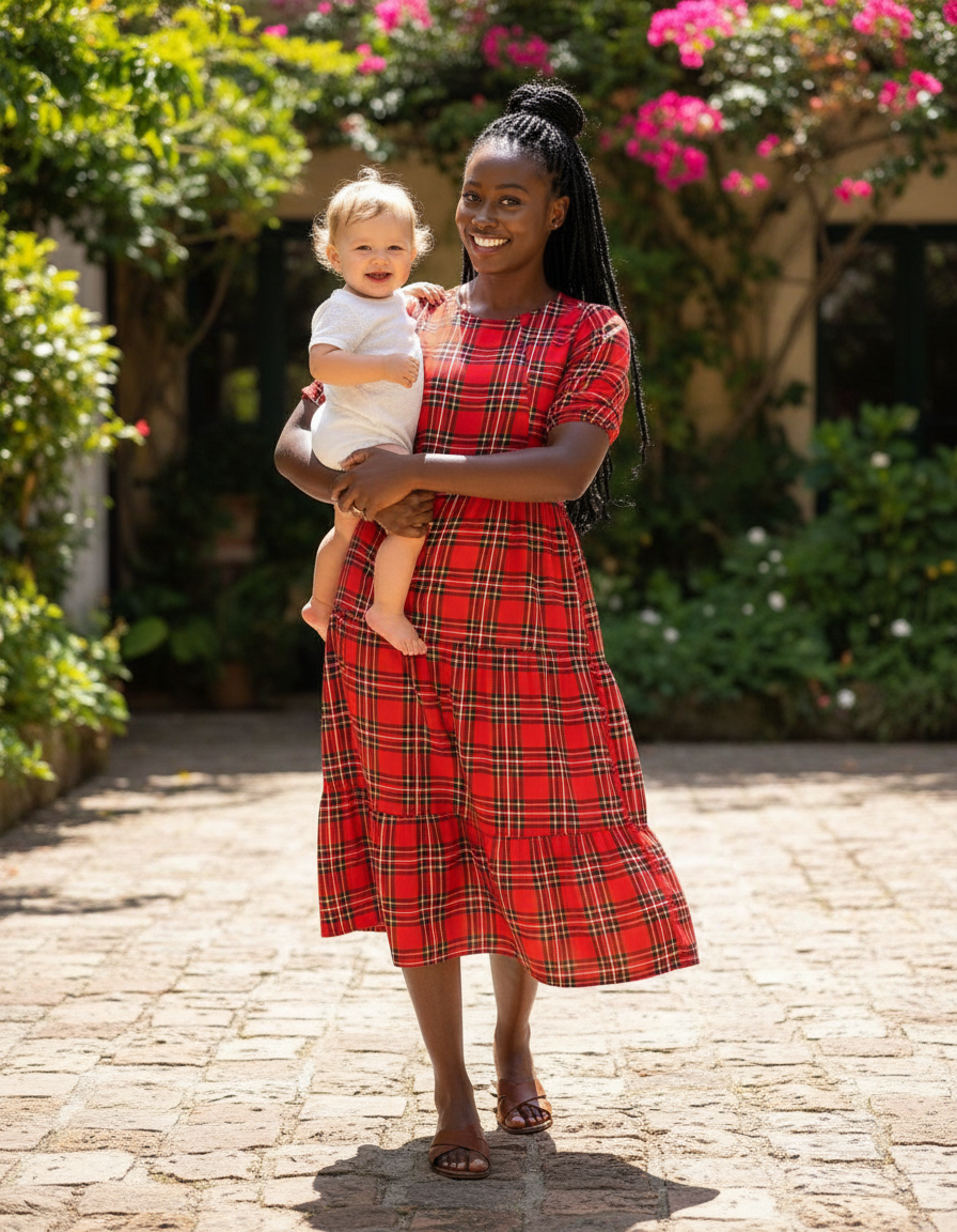 Red tartan breastfeeding midi dress in soft cotton with hidden zips and pockets