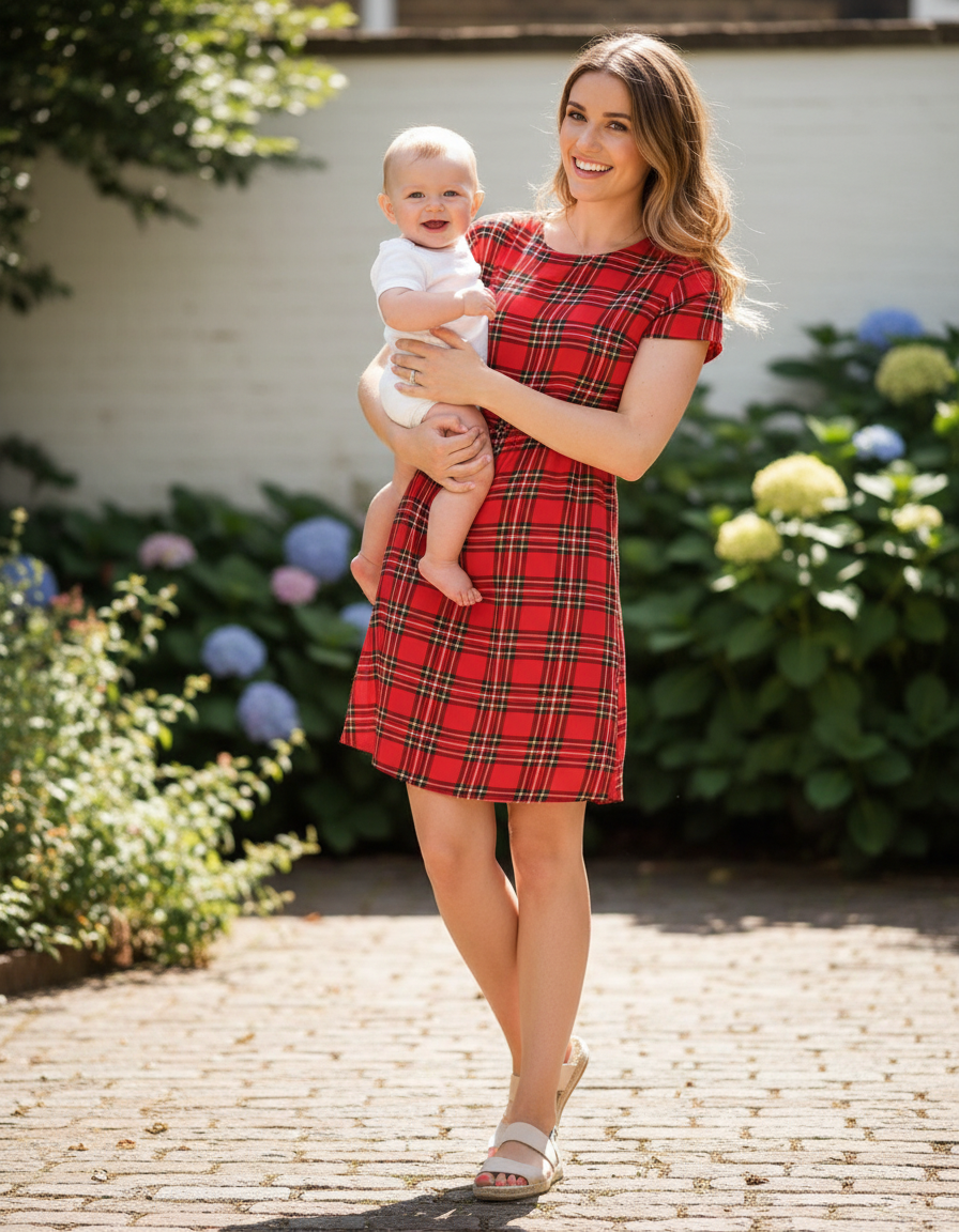 Red tartan breastfeeding dress with short sleeves and knee length cut in cotton blend