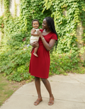 Burgundy red cotton breastfeeding dress with smock silhouette and hidden nursing panels