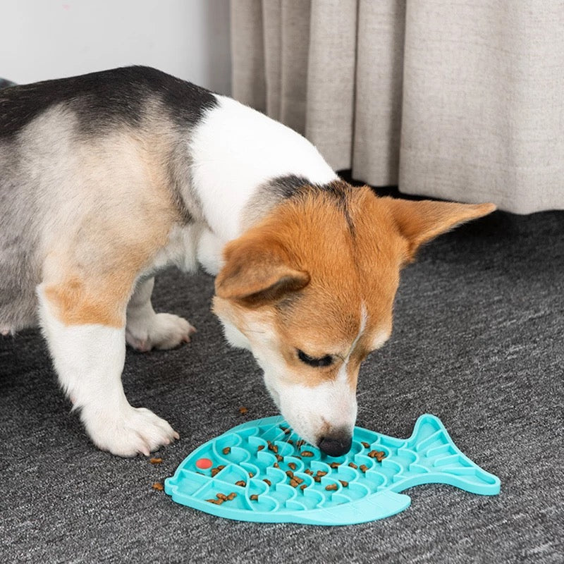 Fish shaped silicone slow feeder bowl and interactive treat lick mat for dogs and cats