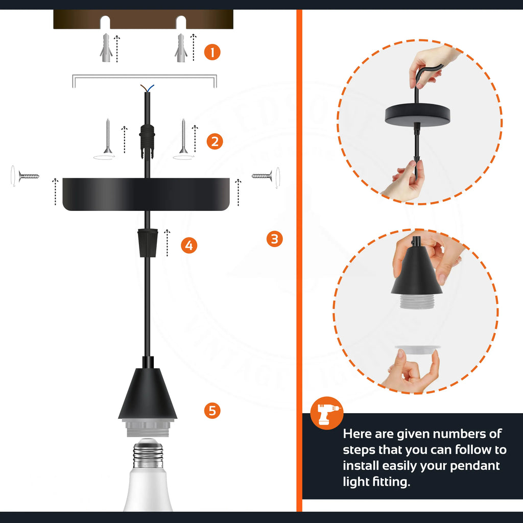 Vintage E27 cone pendant holder in rose gold with matching ceiling rose and black cable — view 4