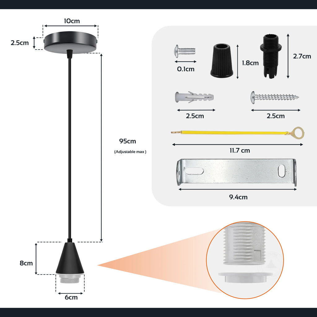 Vintage E27 cone pendant holder in rose gold with matching ceiling rose and black cable — view 5