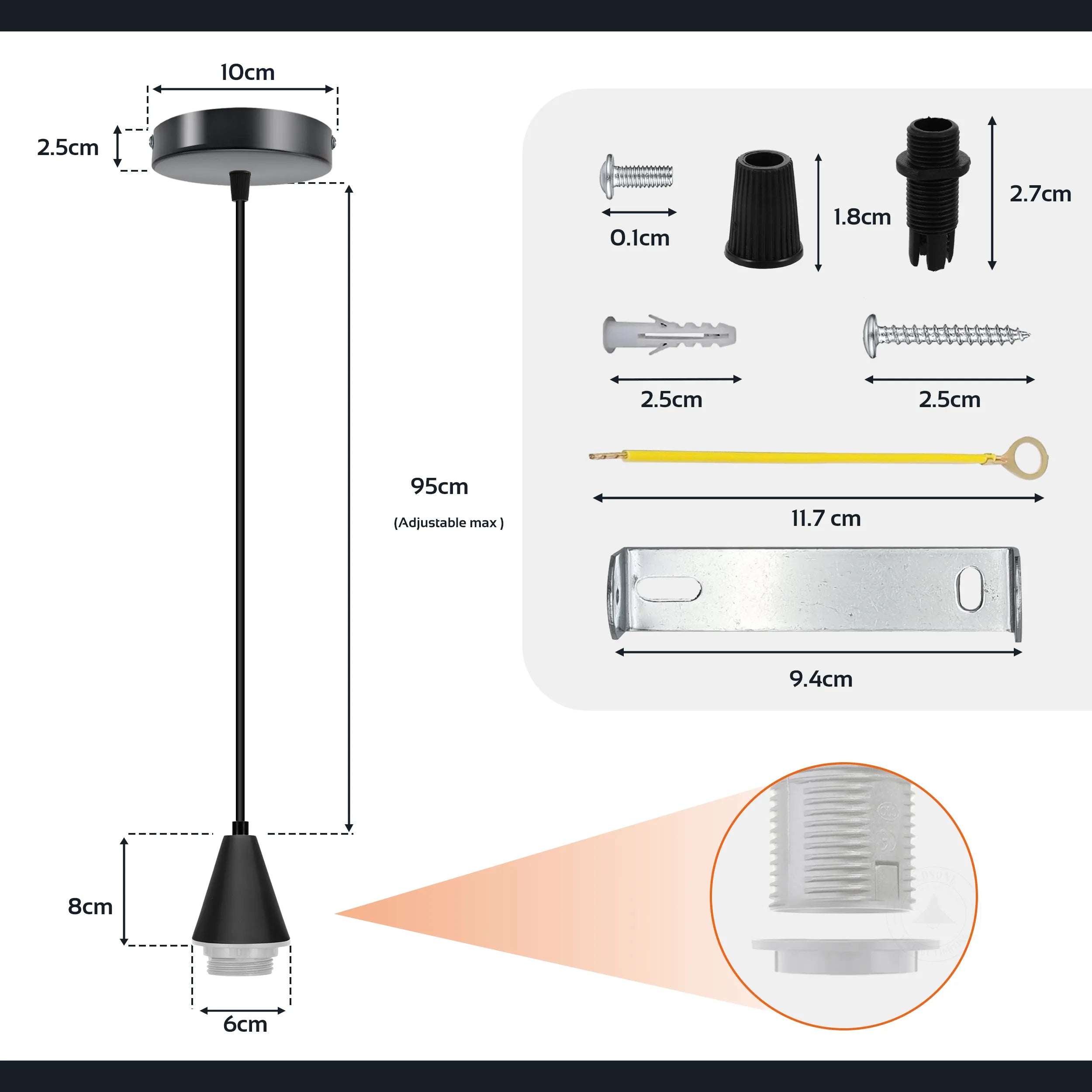 Vintage E27 cone pendant holder in rose gold with matching ceiling rose and black cable — view 5