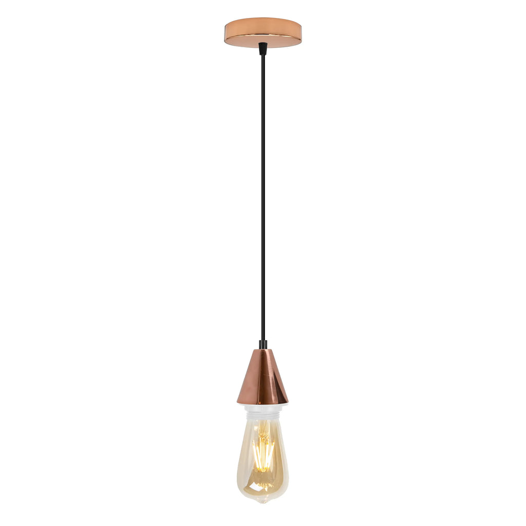 Vintage E27 cone pendant holder in rose gold with matching ceiling rose and black cable