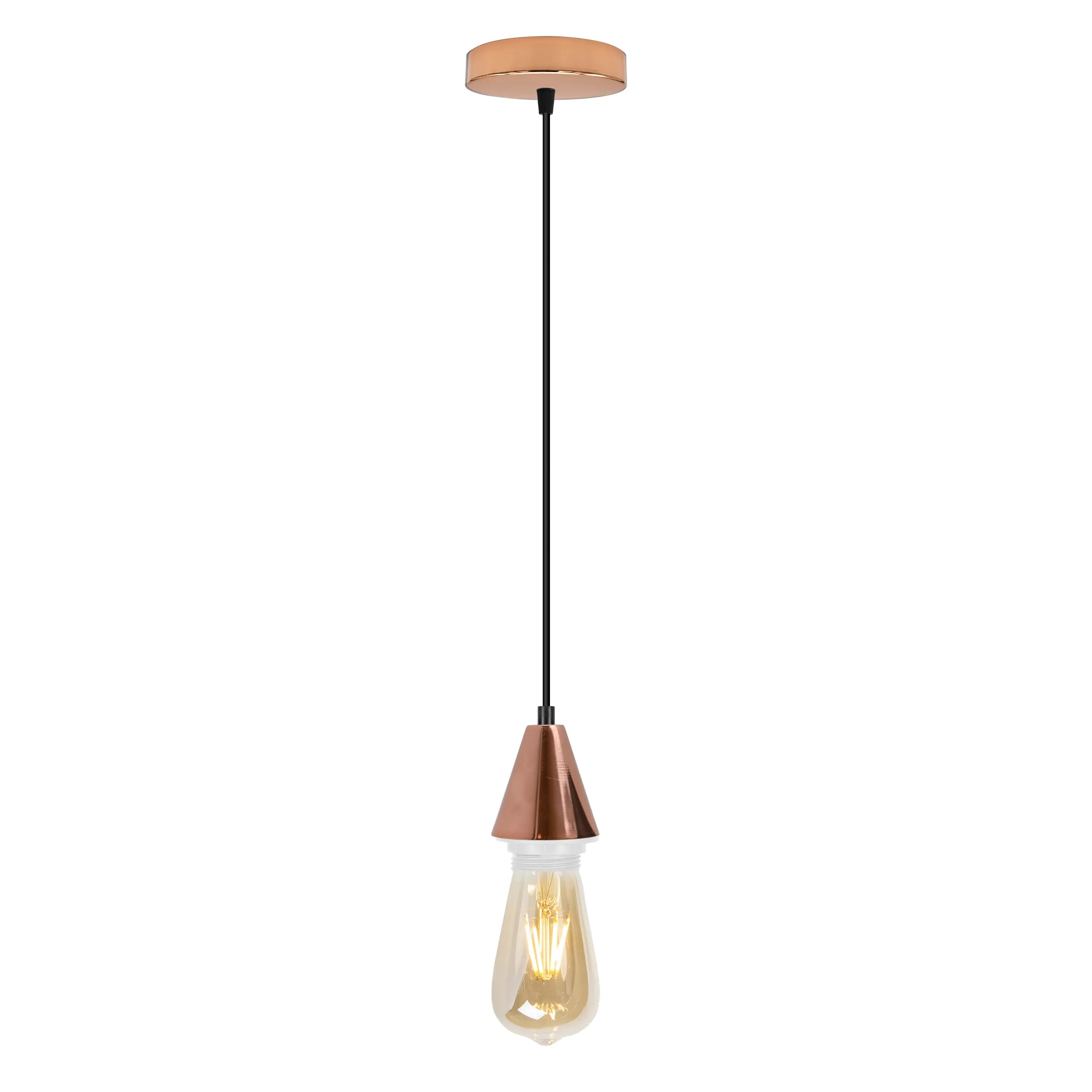 Vintage E27 cone pendant holder in rose gold with matching ceiling rose and black cable