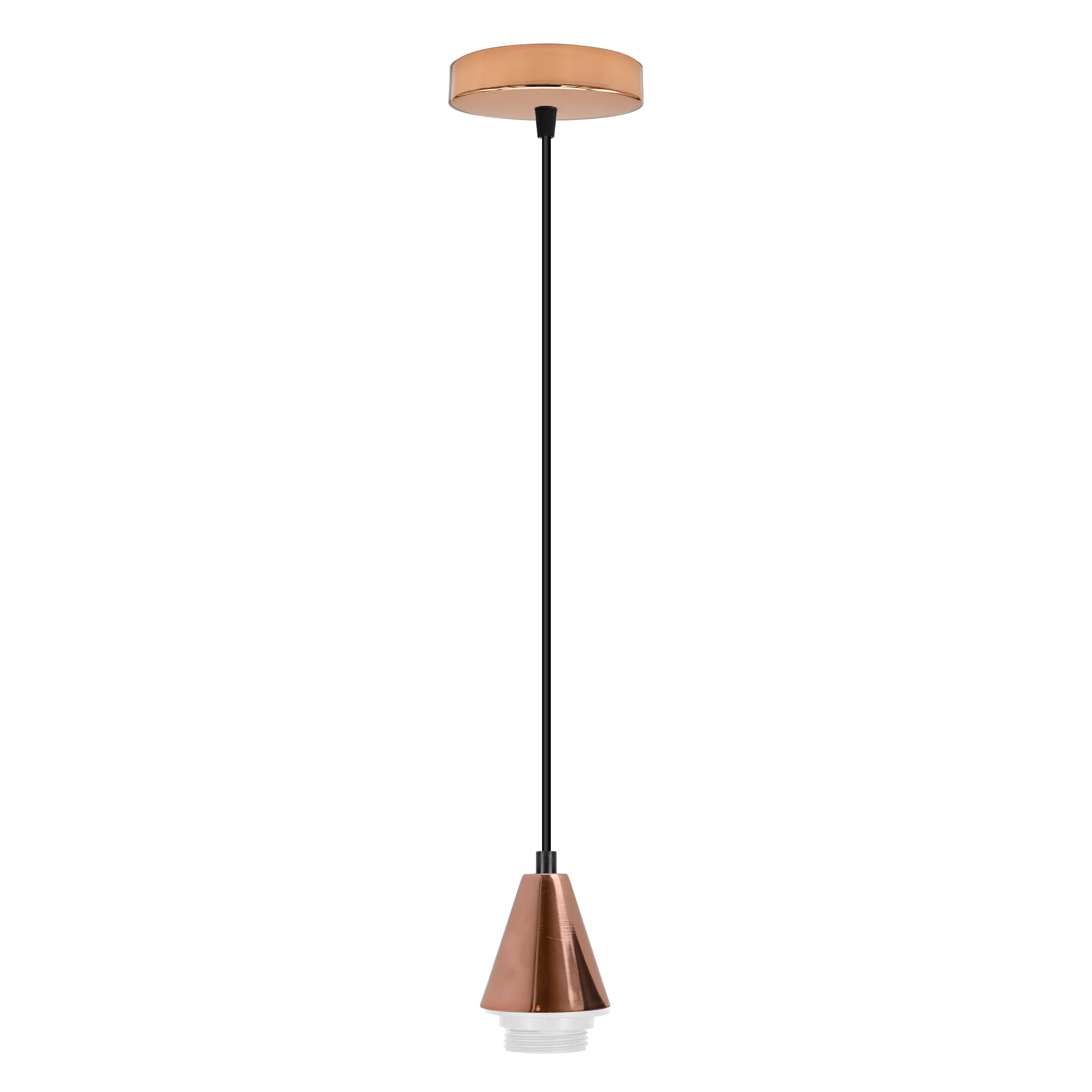 Vintage E27 cone pendant holder in rose gold with matching ceiling rose and black cable — view 2