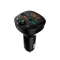 Black wireless car FM transmitter and dual USB phone charger plugged into vehicle socket.