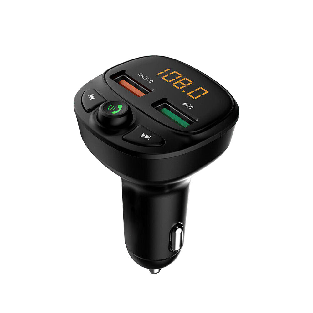 Black wireless car FM transmitter and dual USB phone charger plugged into vehicle socket.