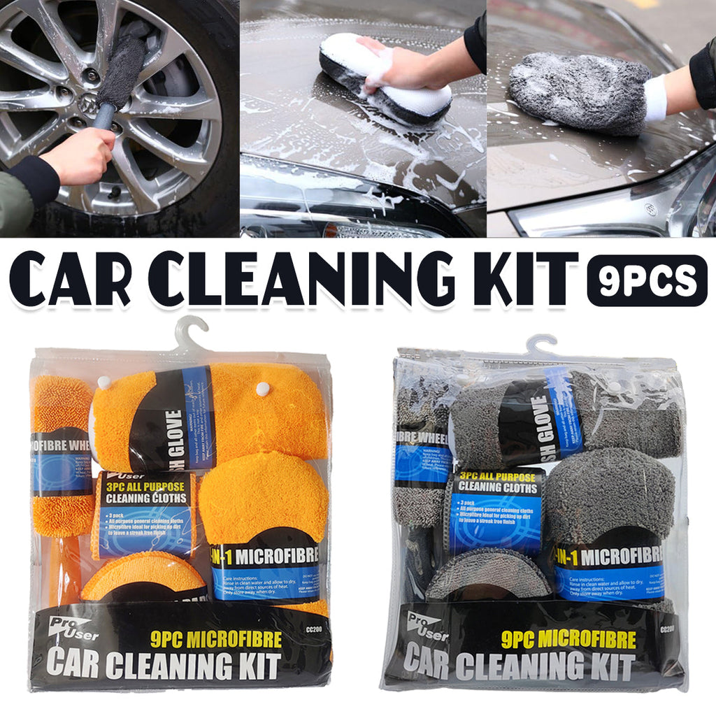 9-piece microfiber car cleaning kit featuring a wash mitt, wheel brush, waxing pads, and towels.