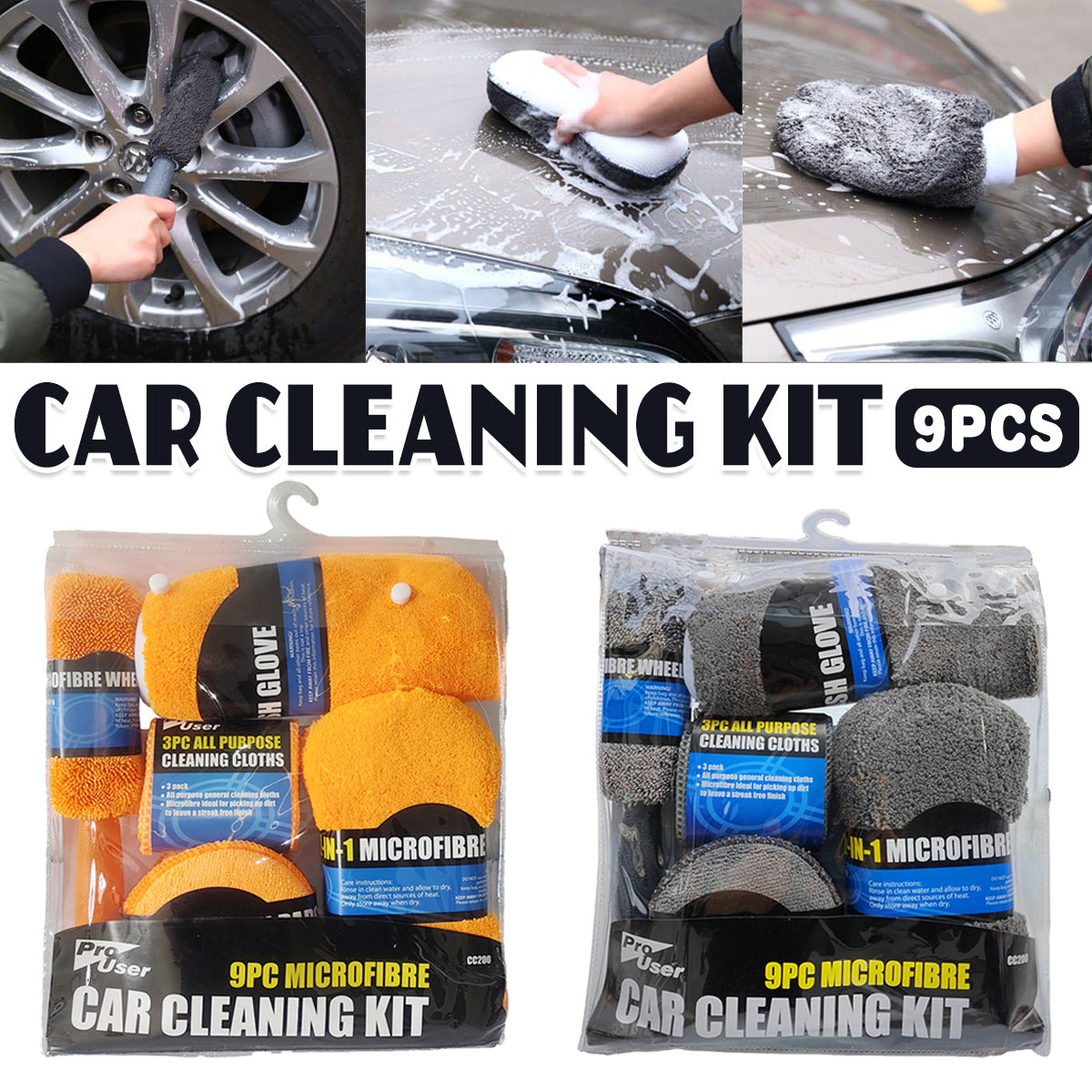 9-piece microfiber car cleaning kit featuring a wash mitt, wheel brush, waxing pads, and towels.