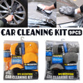 9-piece microfiber car cleaning kit featuring a wash mitt, wheel brush, waxing pads, and towels.
