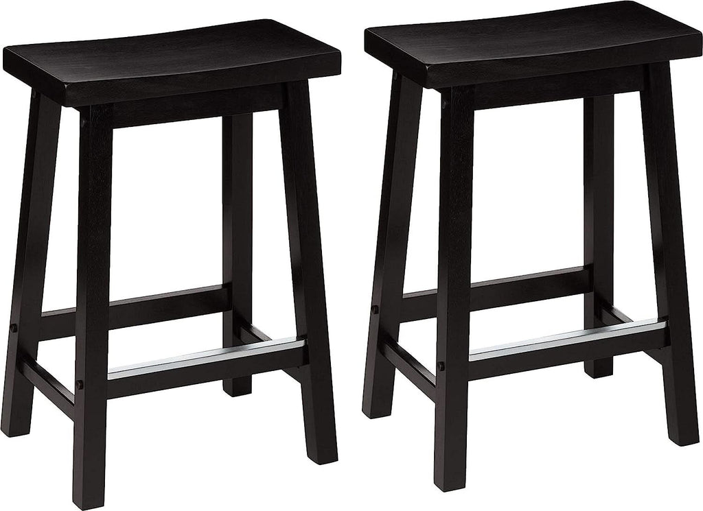 Set of two black solid wood saddle seat bar stools with square legs