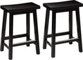 Set of two black solid wood saddle seat bar stools with square legs