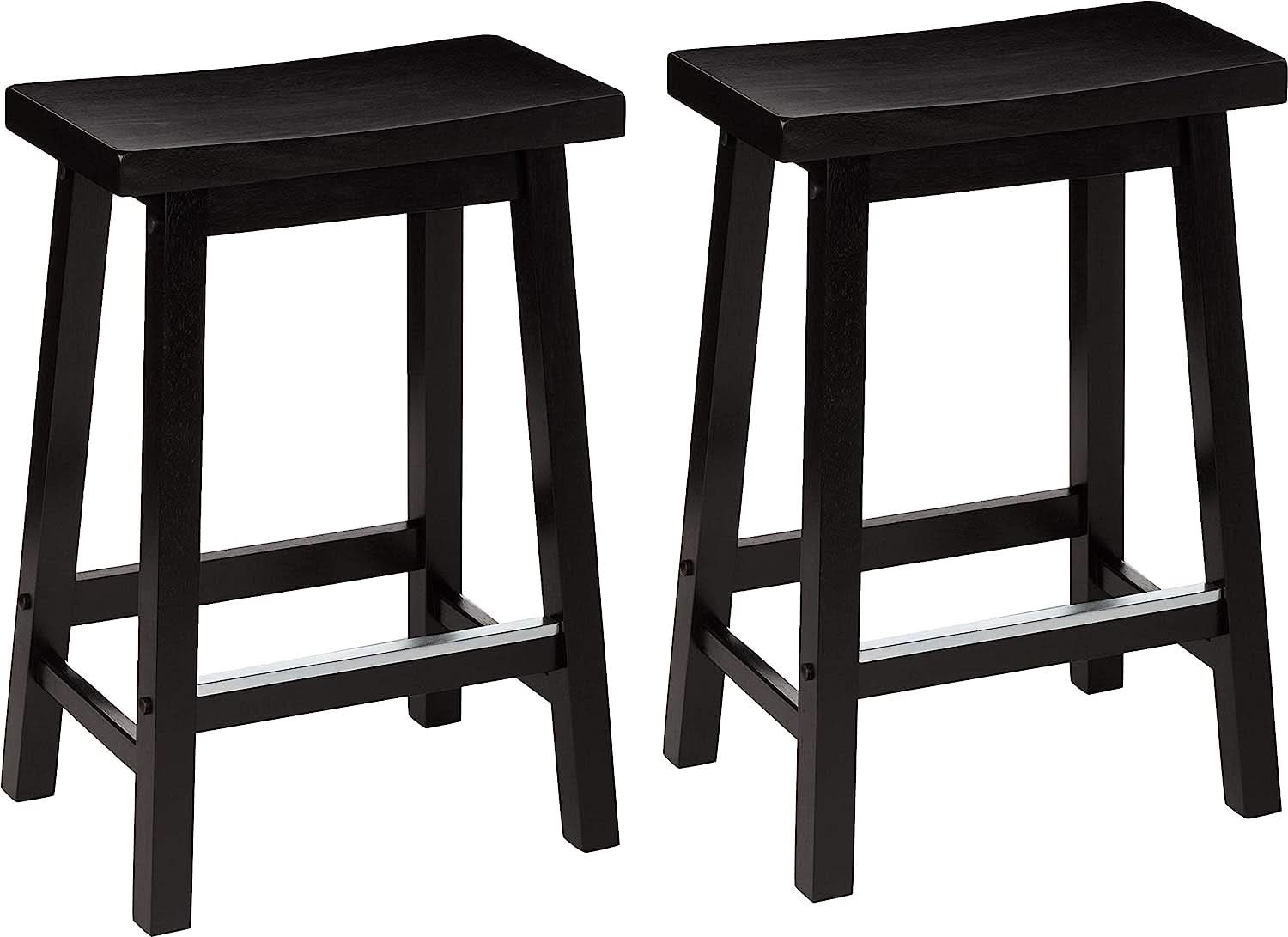 Set of two black solid wood saddle seat bar stools with square legs