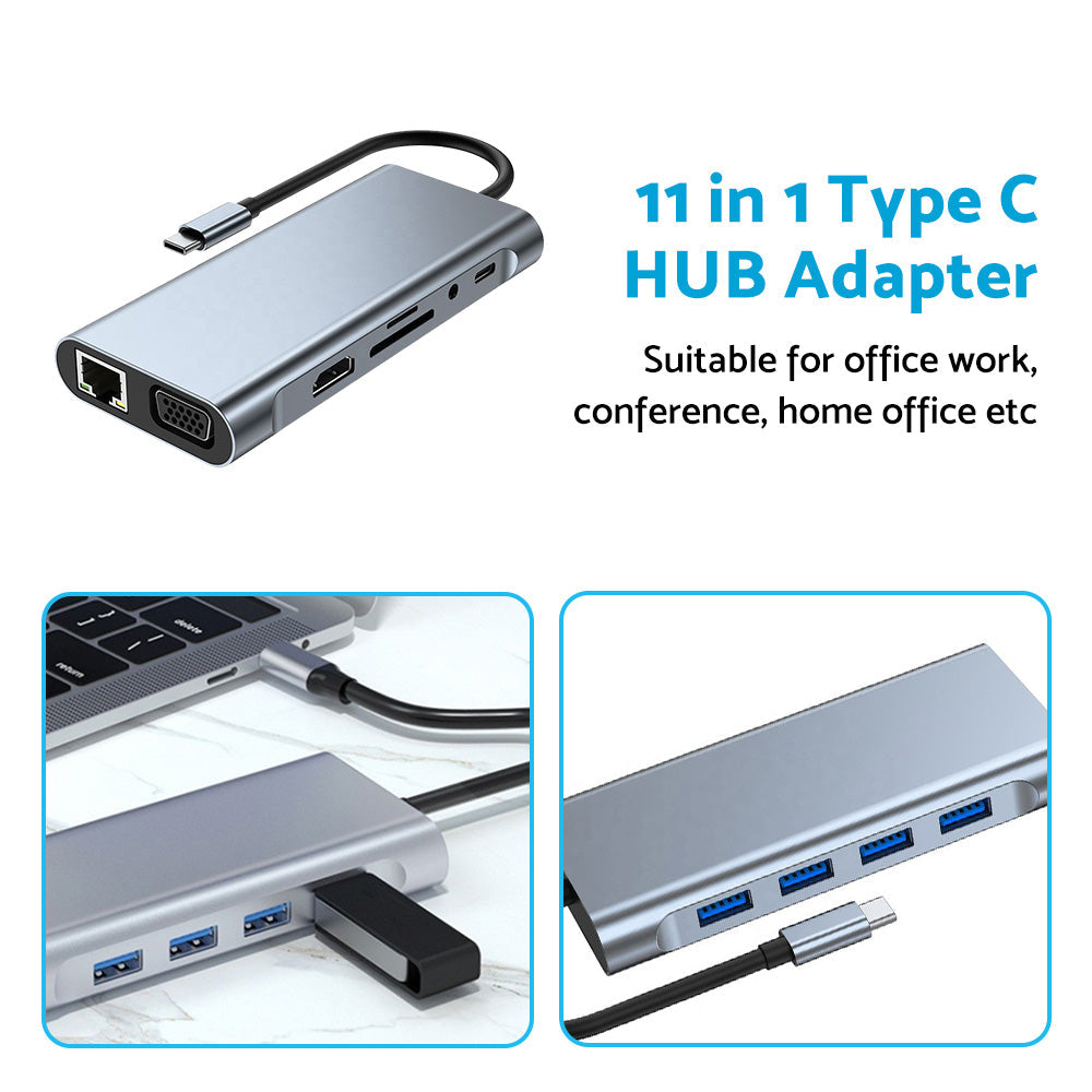 Metallic 11-in-1 USB-C hub multiport adapter featuring HDMI ethernet and memory card slots — view 3
