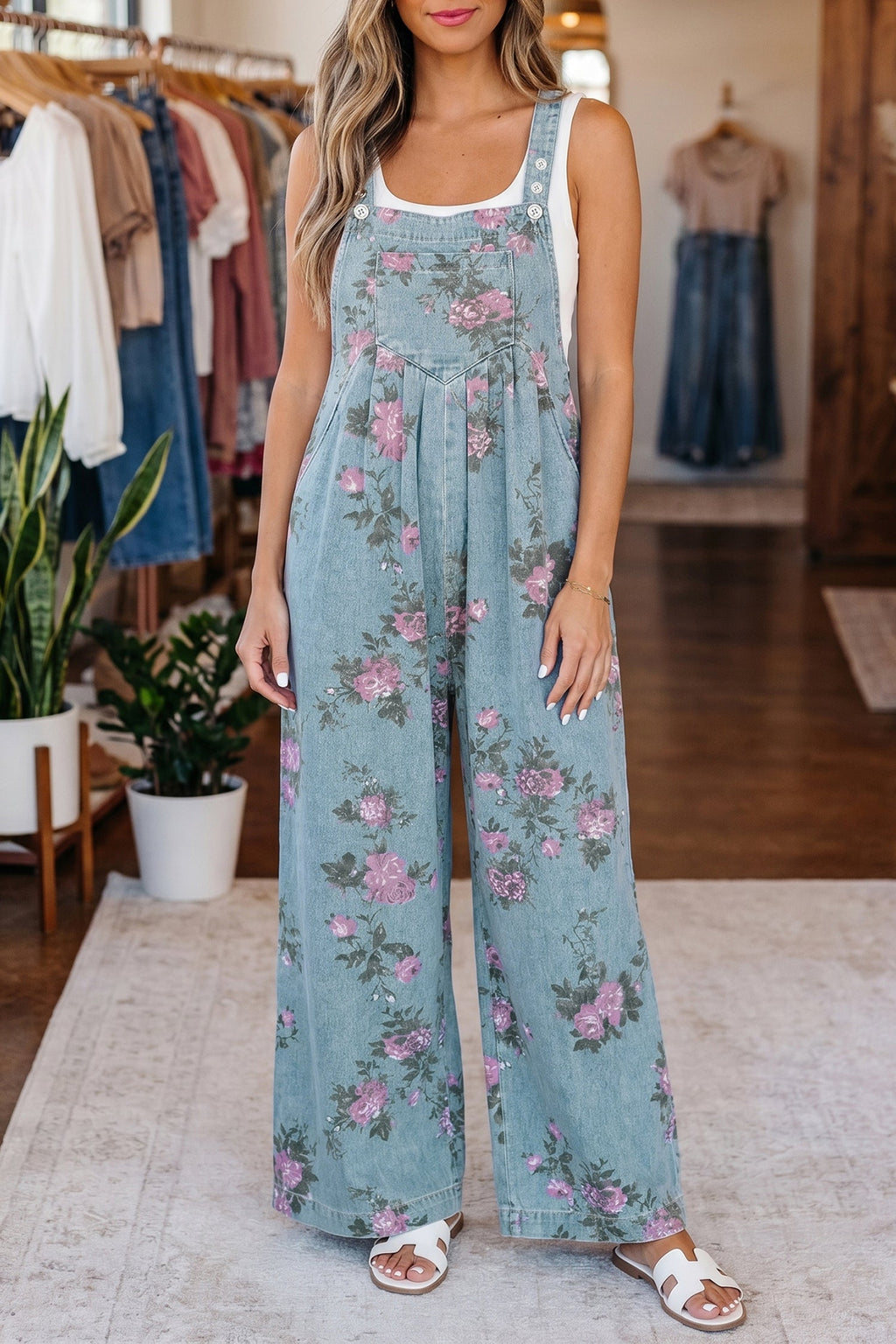 Olivia waist wide leg jumpsuit in vintage washed blue denim with adjustable shoulder straps — view 3