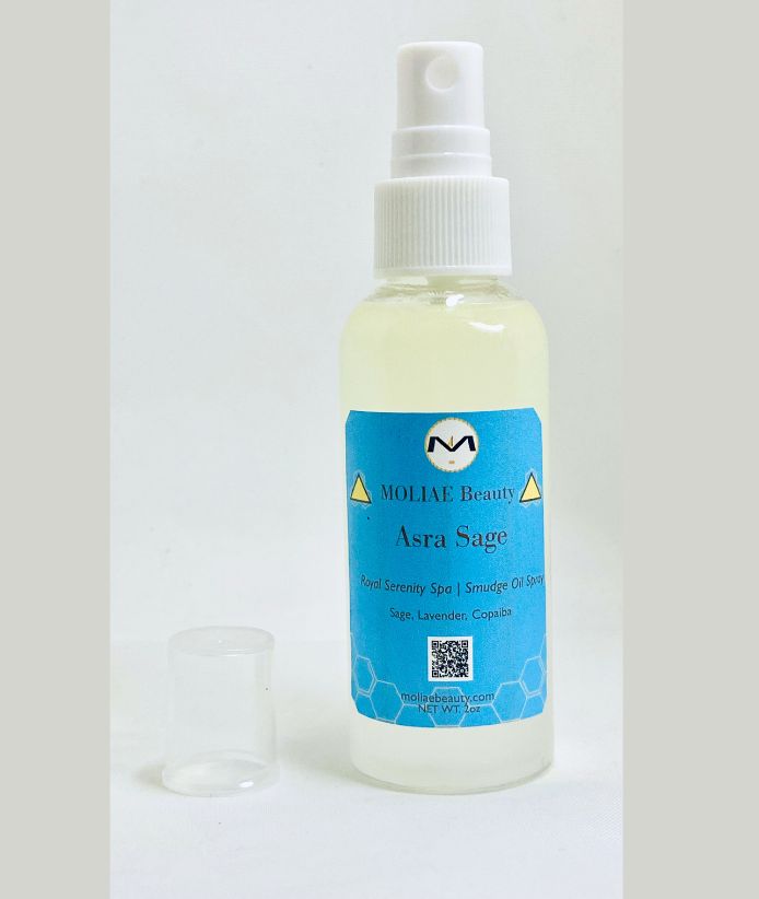 Asra Sage smudge oil spray bottle with lavender and copaiba for energy cleansing and skincare — view 3