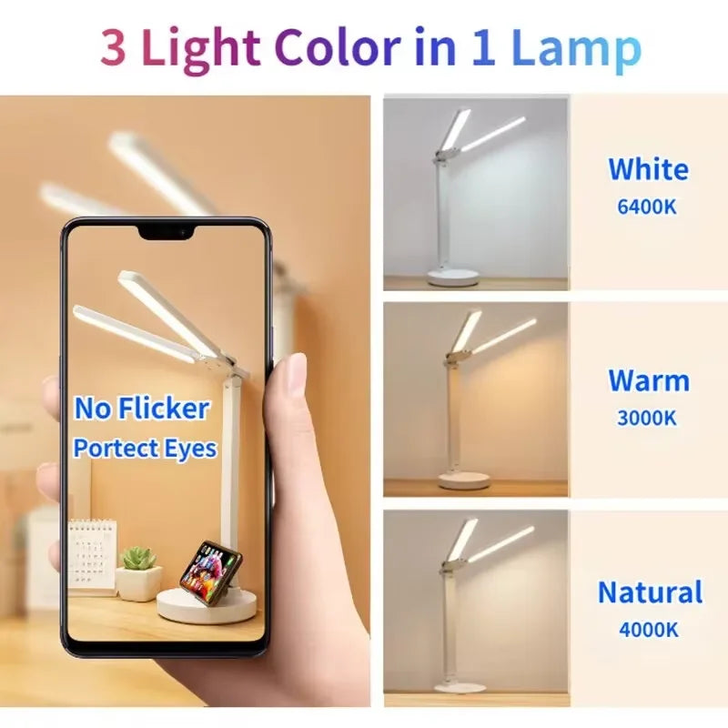 White rechargeable LED desk lamp featuring dual adjustable lighting heads and a foldable body. — view 5