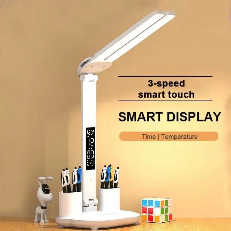 White rechargeable LED desk lamp featuring dual adjustable lighting heads and a foldable body. — view 3